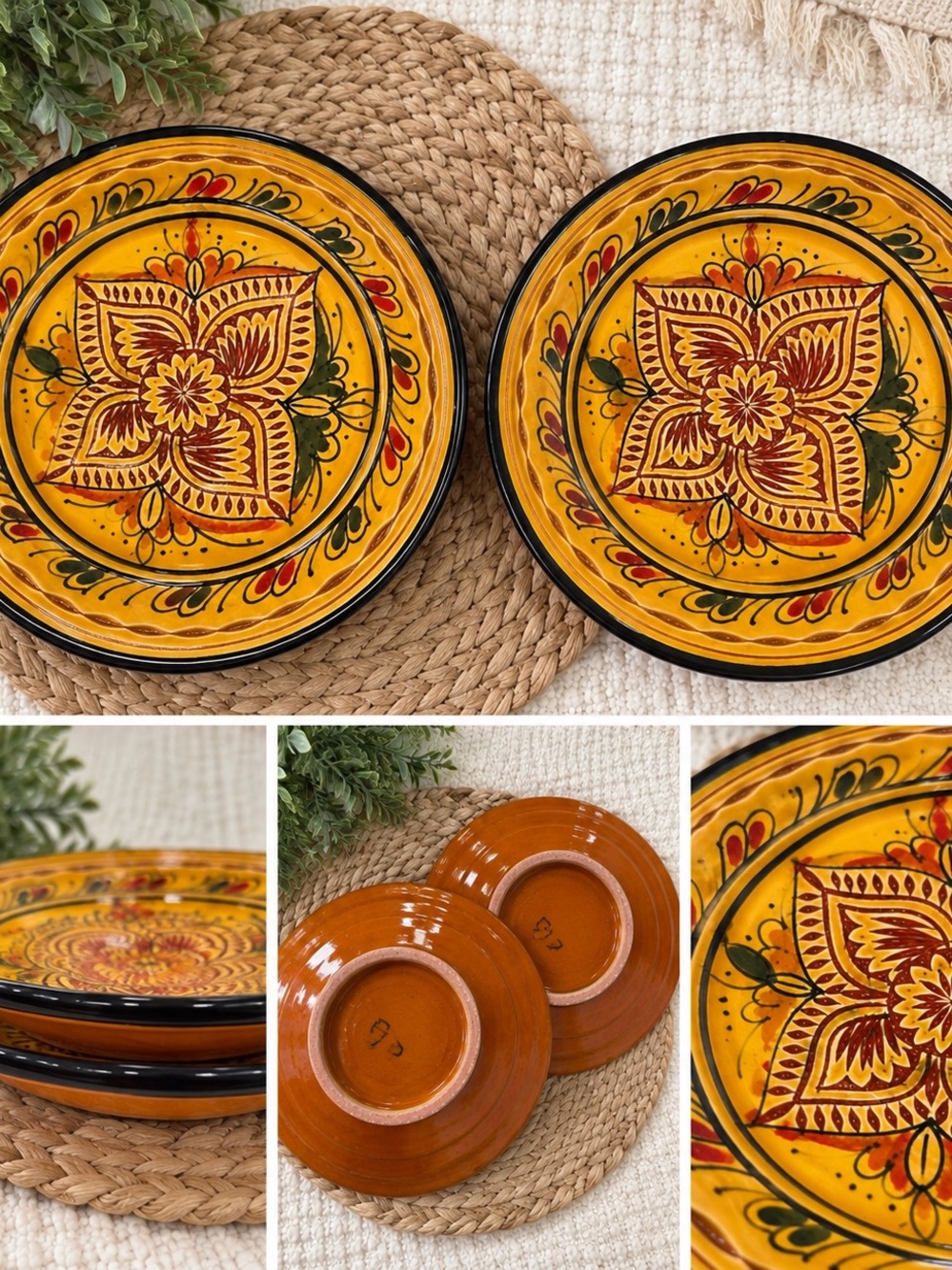 Vintage Moroccan Safi Hand-Painted Ceramic Platter – Boho Decor 12" - Set of 2